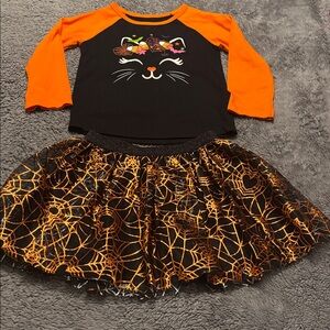 Halloween Cat Outfit with Orange and Black Spiderweb Skirt